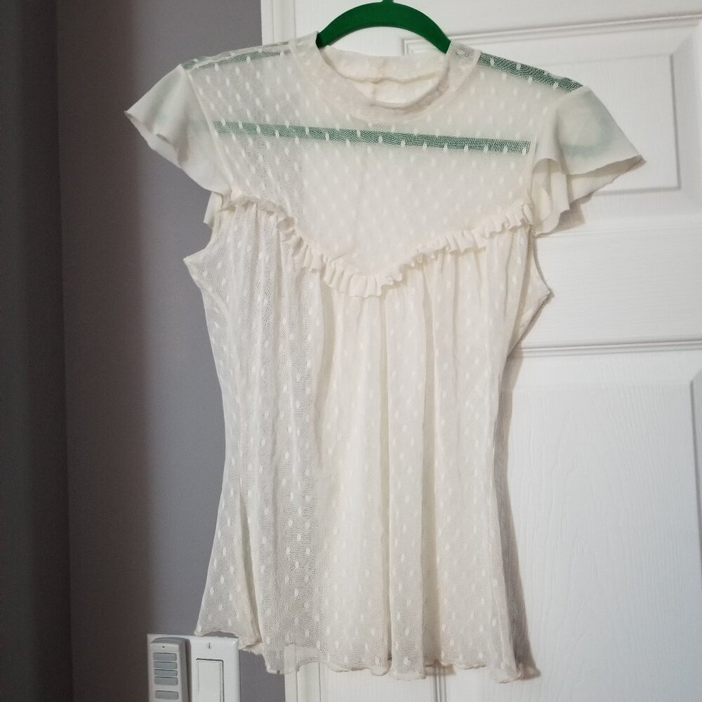 Victorian "Style" Off-White/Cream Mesh Blouse/Tee with Ruffle Front